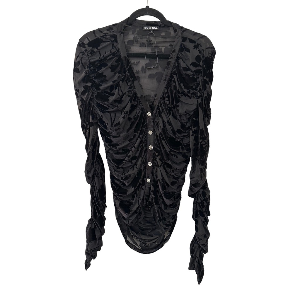 Fashion Nova Black Burnout Velvet Floral Ruched Top Size L Sexy Sheer Event